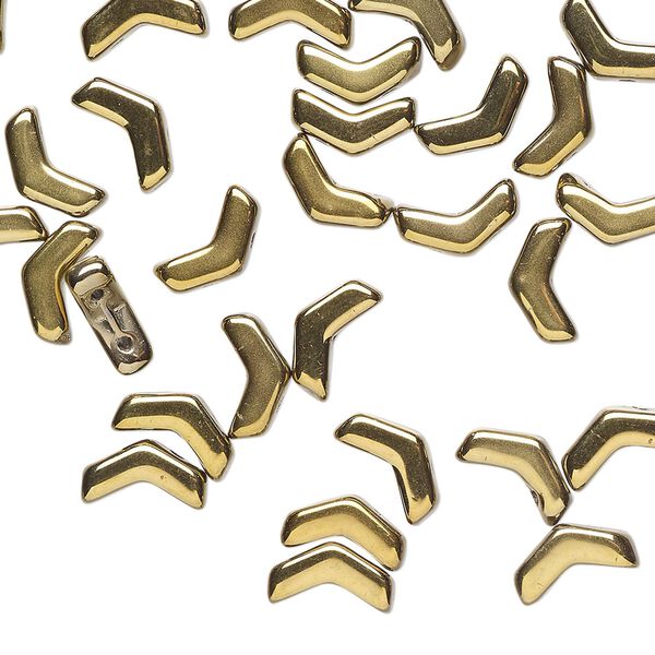 Bead, Preciosa, Czech pressed glass, opaque metallic gold, 8.5x4.5mm double-drilled chevron. Sold per pkg of 30. image number 0