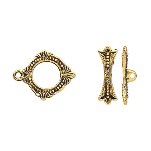 Clasp, toggle, antique gold-finished "pewter" (zinc-based alloy), 15x14mm double-sided round. Sold per pkg of 20. image number 0
