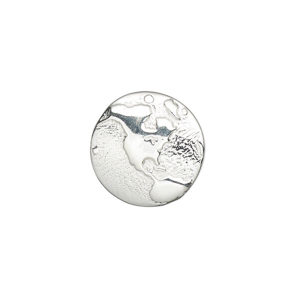 Charm, sterling silver, 17mm single-sided slightly domed round with embossed western hemisphere. Sold individually. image number 0