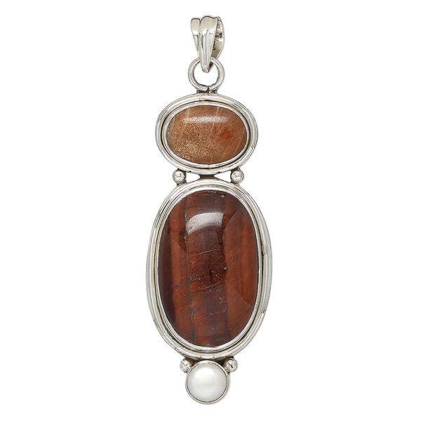 Pendant, red tigereye (heated) / cultured freshwater pearl (bleached) / sunstone (natural) / sterling silver, 60x25mm oval and round. Sold individually. image number 0