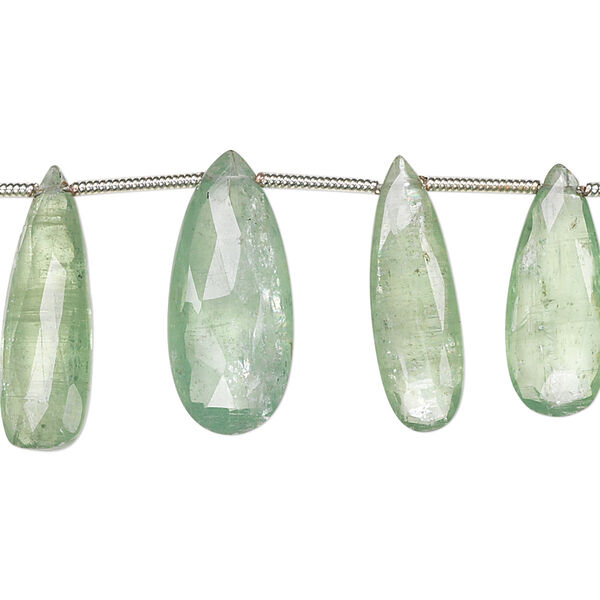 Bead, green kyanite (natural), 14x6mm-24x11mm graduated hand-cut top-drilled faceted puffed teardrop, B- grade, Mohs hardness 4 to 7-1/2. Sold per 8-inch strand, approximately 15 beads. image number 0