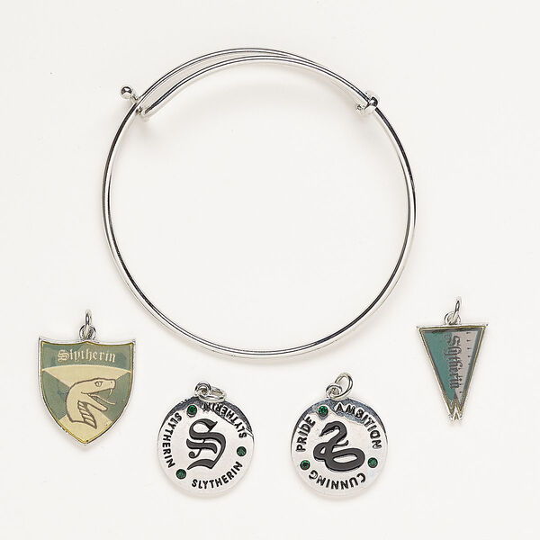 Bracelet and charm assortment, antique silver-finished brass / glass / enamel, green and ecru, Slytherin theme, 7-1/2 inches. Sold per 5-piece set. image number 0