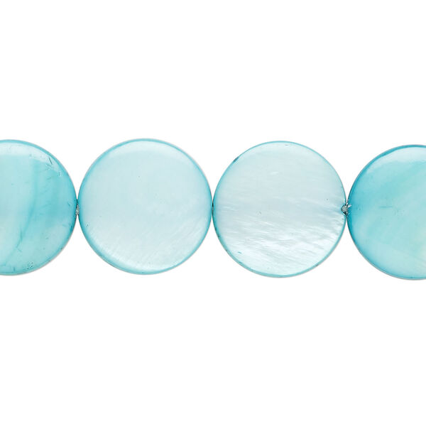 Mother-of-pearl shell 1pkg1, puffed flat round bead 15 inch teal 13-14mm image number 0