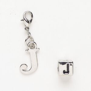 Charm and bead 1pkg2 antiqued silver-finished "pewter" (zinc-based alloy) / steel / enamel, black, 12x11mm "J" with lobster claw clasp and 7mm cube with "J".