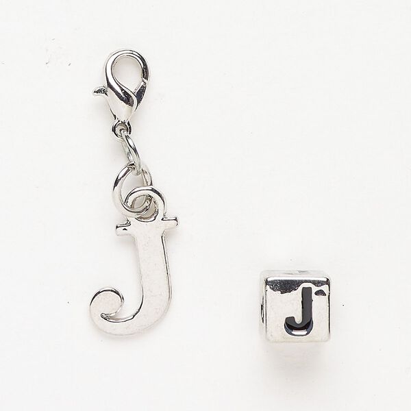 Charm and bead 1pkg2 antiqued silver-finished "pewter" (zinc-based alloy) / steel / enamel, black, 12x11mm "J" with lobster claw clasp and 7mm cube with "J". image number 0