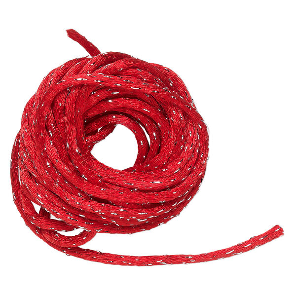 Cord, Satinique™, satin, red and metallic silver, 2mm. Sold per pkg of 9-1/2 feet. image number 0