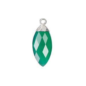 Green onyx / copper / sterling silver 1pkg1, silver-plated hand-cut faceted puffed marquise drop 19x9mm