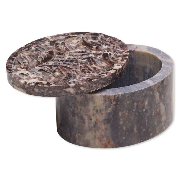 Box, soapstone (coated), 1-1/2 x 2 x 1-3/4 inch oval with carved leaf and diamond design, Mohs hardness 1 to 2-1/2. Sold individually. image number 0