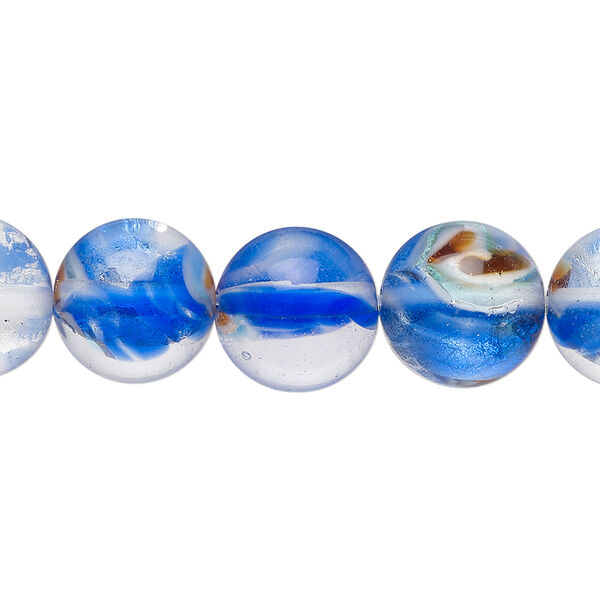 Bead, lampworked glass, translucent blue / white / orange, 14mm round with silver-colored foil. Sold per 8-inch strand, approximately 15 beads. image number 0