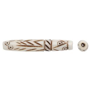 Bead, bone (dyed), brown and white, 1-1/2 inch hand-carved with line design, Mohs hardness 2-1/2. Sold per pkg of 10.