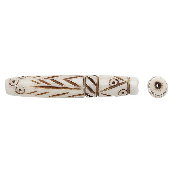 Bead, bone (dyed), brown and white, 1-1/2 inch hand-carved with line design, Mohs hardness 2-1/2. Sold per pkg of 10. image number 0