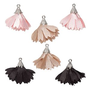 Drop, imitation rhodium-finished steel and polyester, mixed colors, 26x17mm flower tassel. Sold per pkg of 6.