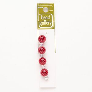 Bead 1pkg4 handblown glass, 12mm round / line design, translucent red / black / white
