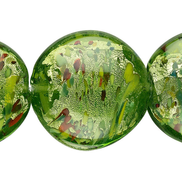 Bead, lampworked glass, forest green with silver-colored foil, 28mm puffed flat round. Sold per pkg of 6. image number 0