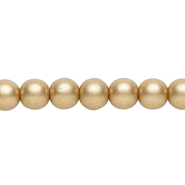 Bead, Czech glass druk, opaque satin gold, 8mm round. Sold per 15-1/2" to 16" strand, approximately 50 beads. image number 0
