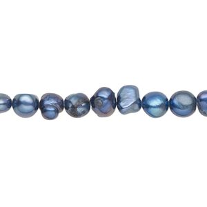 Pearl, cultured freshwater (dyed), mountain blue, 5-6mm flat-sided potato with 0.4-0.6mm hole, D grade, Mohs hardness 2-1/2 to 4. Sold per 15-inch strand.