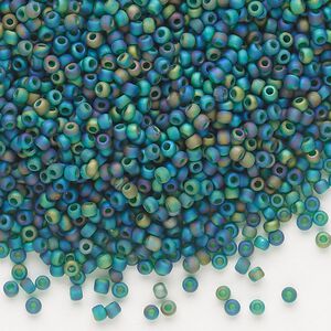 Seed bead, Dyna-Mites™, glass, pkg/1/2kg, #11 round, translucent frosted rainbow peacock, (23FAB 11/0 RR).