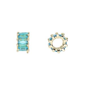 Bead, cubic zirconia and gold-plated brass, aqua, 10.5x6mm rondelle. Sold per pkg of 2.