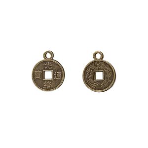 Charm, antique brass-plated "pewter" (zinc-based alloy), 10mm Chinese coin replica. Sold per pkg of 50.