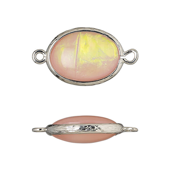 Link, Opalized Ice™, "opal" (resin) and imitation rhodium-finished brass, opaque light pink, 20x15mm double-sided oval. Sold per pkg of 4. image number 0