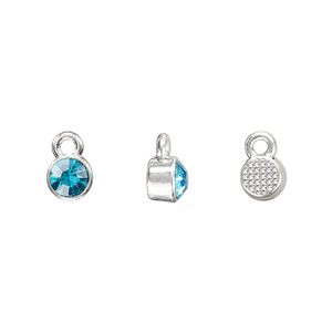 Drop, silver-finished "pewter" (zinc-based alloy) and glass rhinestone, aqua blue, 6mm faceted round, March birthstone. Sold per pkg of 10.
