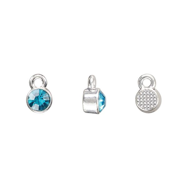 Drop, silver-finished "pewter" (zinc-based alloy) and glass rhinestone, aqua blue, 6mm faceted round, March birthstone. Sold per pkg of 10. image number 0