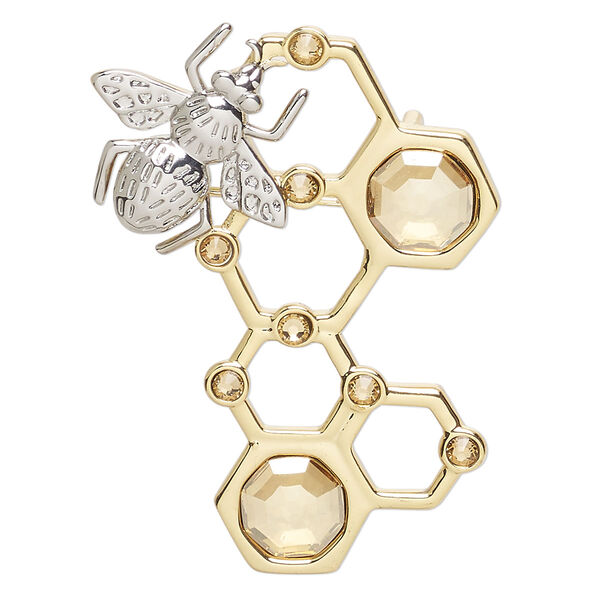 Brooch, Everyday Jewelry™, Crystal Passions® and gold-plated "pewter", light Colorado topaz, 45x32mm bee and honeycomb. Sold individually. image number 0