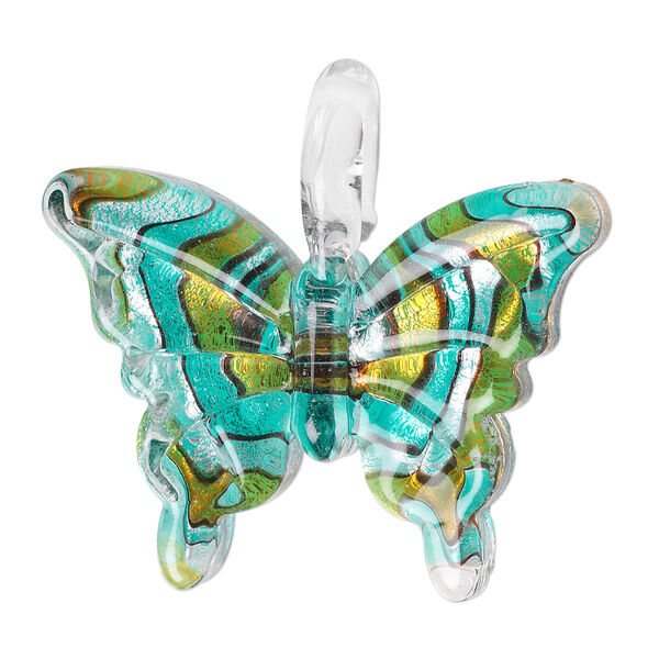 Pendant, lampworked glass, multicolored, 38x34mm single-sided butterfly with swirled design. Sold individually. image number 0