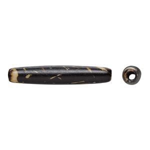 Bead, bone (dyed), black and beige, 35x6mm-35x8mm hand-cut hairpipe, Mohs hardness 2-1/2. Sold per pkg of 12.