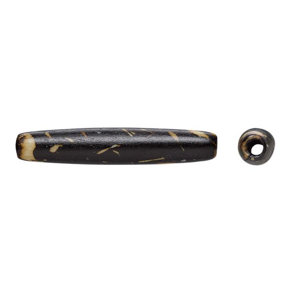 Bead, bone (dyed), black and beige, 35x6mm-35x8mm hand-cut hairpipe, Mohs hardness 2-1/2. Sold per pkg of 12. image number 0
