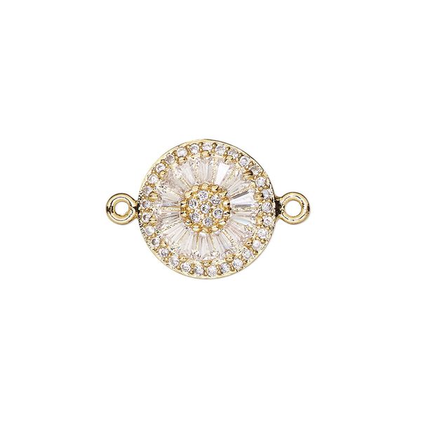 Link, cubic zirconia and gold-finished brass, clear, 14.5mm single-sided round with flower design. Sold individually. image number 0