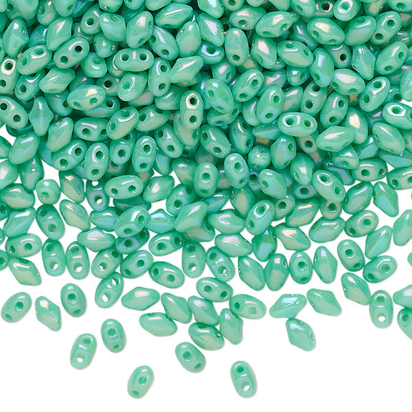 Bead, Preciosa Mini Twin™, Mini Pressed Twin, Czech pressed glass, opaque rainbow turquoise green, 4x2.5mm oval with (2) 0.7mm holes. Sold per 250-gram pkg. image number 0