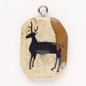 Focal, steel/picture jasper (natural)/enamel, pkg/1, silver finish and black, 30x24mm-39x27mm single-sided puffed freeform with deer, B- grade.