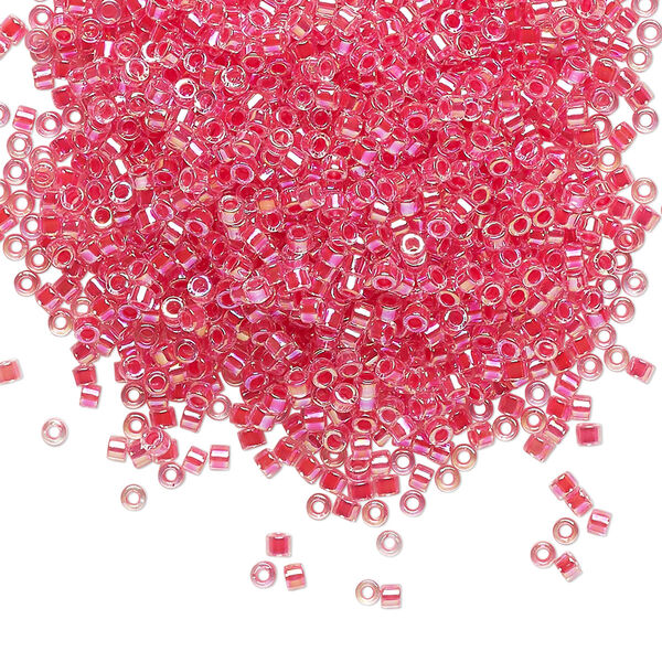 Seed bead, Delica®, glass, pkg/250g, #11 round, translucent dark coral-lined rainbow crystal clear (DB-0075). image number 0