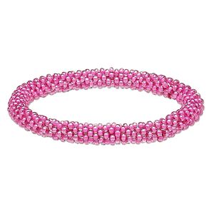 Bracelet, bangle, glass and cotton, dark pink, 7.5mm wide, 8 inches. Sold per pkg of 2.