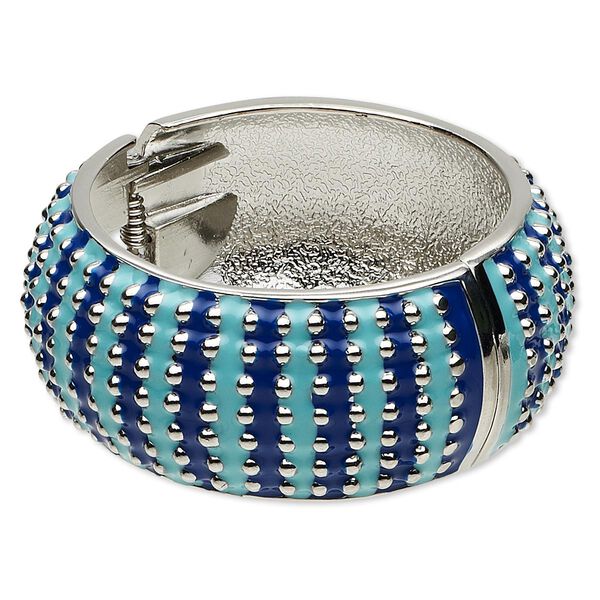 Bracelet, hinged bangle, epoxy and rhodium-finished "pewter" (zinc-based alloy), dark and light blue, 32mm wide with raised dot design, 7 inches. Sold individually. image number 0