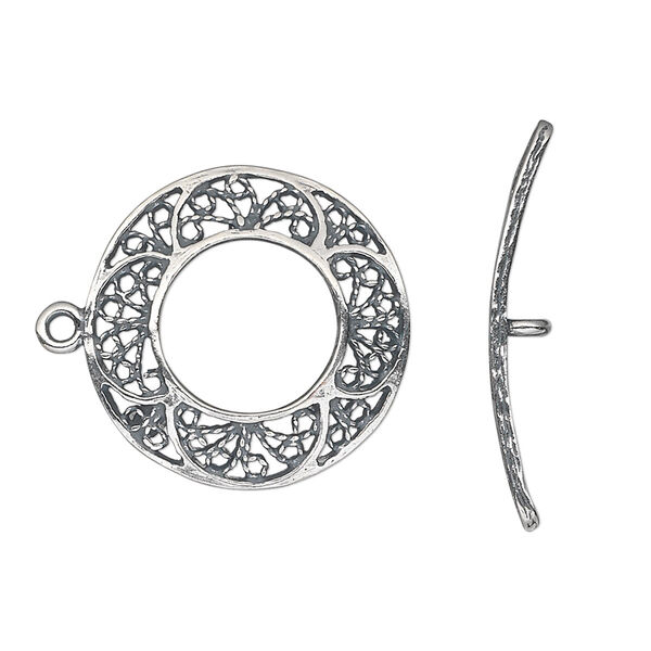 Clasp, JBB Findings, toggle, antiqued sterling silver, 22mm open filigree round. Sold individually. image number 0