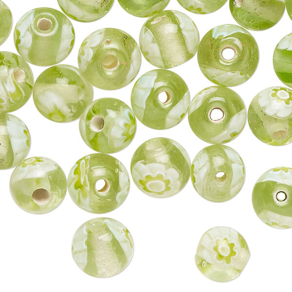 Bead, glass, translucent light green and white, 8x7mm-9x8mm round with flower design. Sold per 2-ounce pkg, approximately 65 beads. image number 0