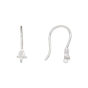 Ear wire fishhook 1pkg2 sterling silver / cubic zirconia, 17mm / closed loop, 19 gauge 1 pair