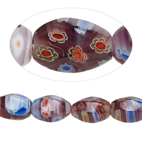 Bead, millefiori glass, translucent multicolored, 12x7mm 6-sided twisted oval with 0.6-0.8mm hole. Sold per 15-inch strand. image number 0