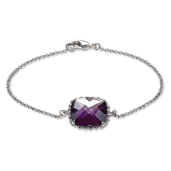 Bracelet, glass and rhodium-plated brass, purple, 17x17mm beaded square, 7-1/2 inches with lobster claw clasp. Sold individually. image number 0