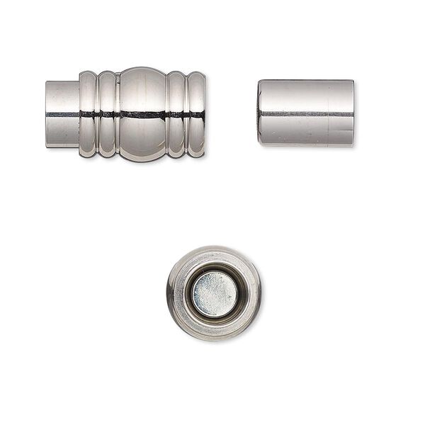 Clasp, magnetic barrel, stainless steel, 16x10mm ribbed with glue-in ends, 6mm inside diameter. Sold individually. image number 0