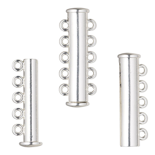 Clasp, 5-strand magnetic slide lock, silver-finished "pewter" (zinc-based alloy), 28x6.5mm tube. Sold per pkg of 2. image number 0