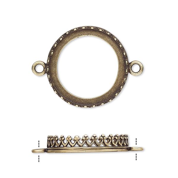 Link, JBB Findings, antiqued brass, 20.5mm round with open back and decorative trim, 18mm round bezel setting. Sold per pkg of 2. image number 0