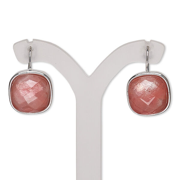Earring, cherry "quartz" glass and silver-finished "pewter" (zinc-based alloy), 21mm with square and fishhook ear wire. Sold per pair. image number 0