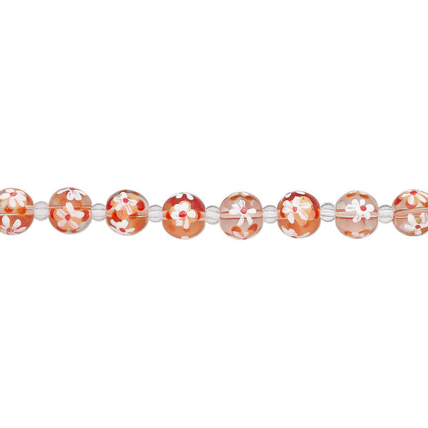Bead, glass 1pkg8, multicolored, 12mm round with hand-painted flower. image number 1