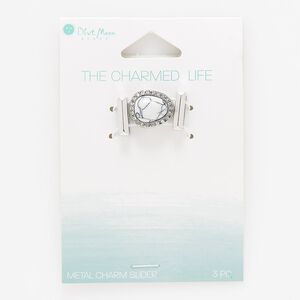 Slide mix, glass / acrylic / silver-finished "pewter" (zinc-based alloy), white / grey / clear, 13mm rectangle and 14x2mm freeform with 10x2mm hole. Sold per pkg of 3.