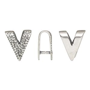 Bail, JBB Findings, ice-pick, antique silver-plated brass, 15x12.5mm single-sided textured "V" shape, 9.5mm grip length. Sold individually.