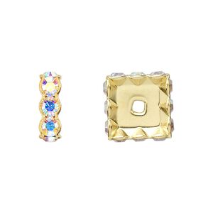 Bead 4pk crystal AB gold plate, Crystal Passions® 12x4.5mm square rondelle 77612