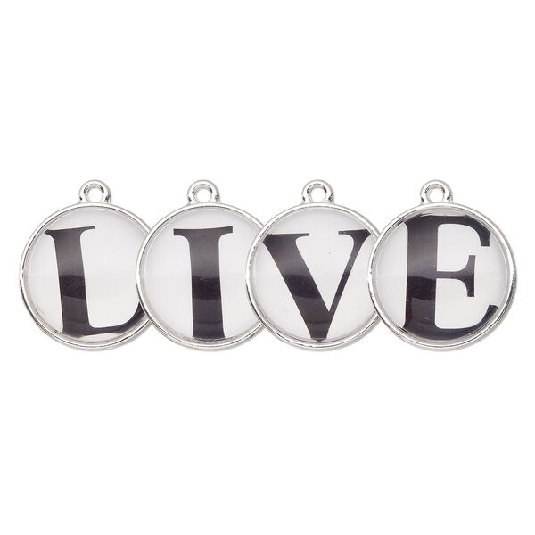 Drop, silver-finished "pewter" (zinc-based alloy) and plastic, black and white, 20mm single-sided domed flat round with "LIVE." Sold per 4-piece set. image number 0